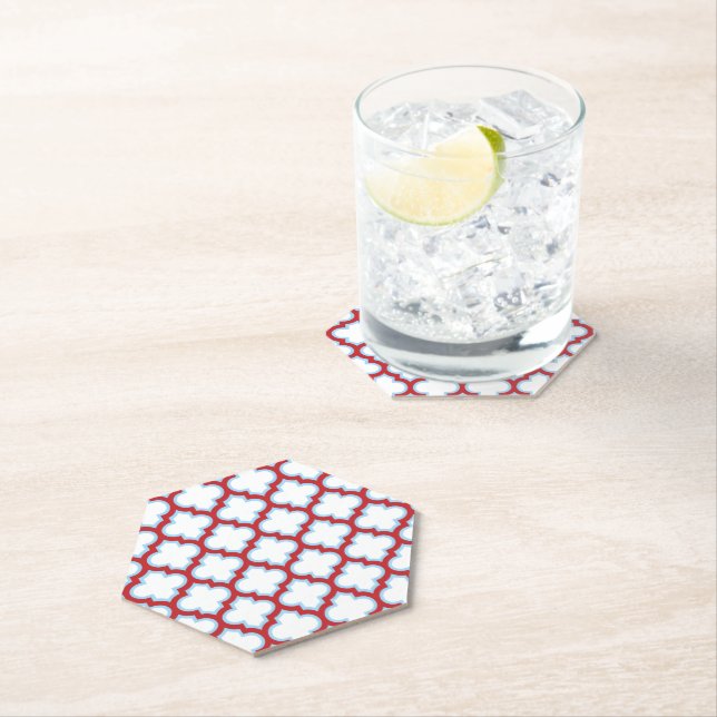 White and Red Trellis, Lattice, Quatrefoil Paper Coaster (Insitu)