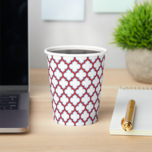 White and Red Trellis, Lattice, Quatrefoil Paper Cups