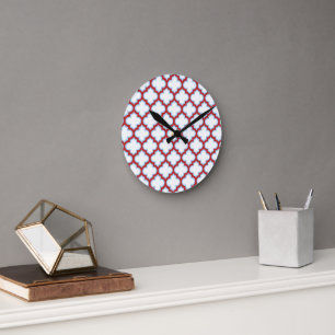 White and Red Trellis, Lattice, Quatrefoil Round Clock