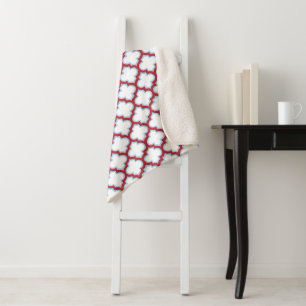White and Red Trellis, Lattice, Quatrefoil Sherpa Blanket