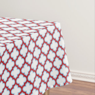 White and Red Trellis, Lattice, Quatrefoil Tablecloth