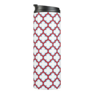 White and Red Trellis, Lattice, Quatrefoil Thermal Tumbler
