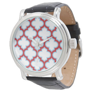 White and Red Trellis, Lattice, Quatrefoil Watch
