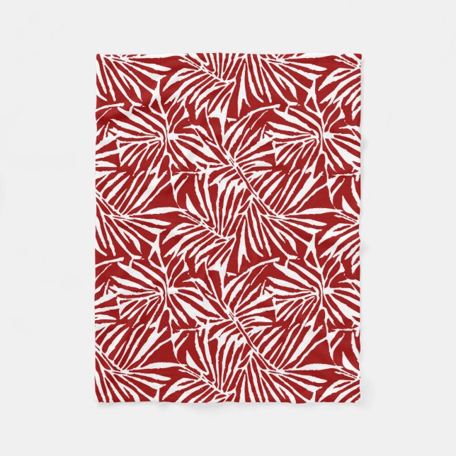 White And Red Tropical Leaf Repeating Pattern Fleece Blanket (Front)