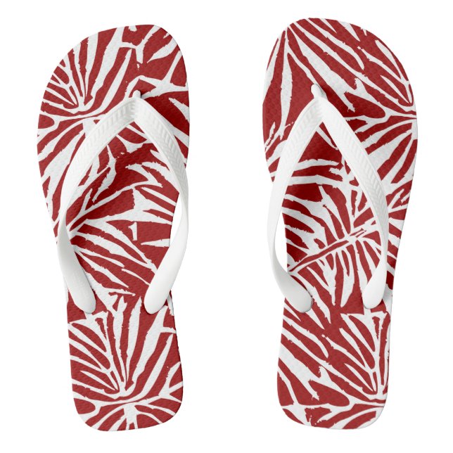 White And Red Tropical Leaf Repeating Pattern Jandals (Footbed)