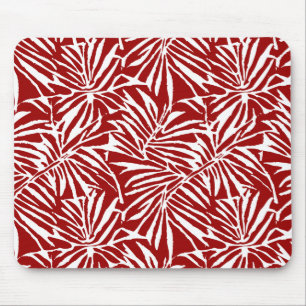 White And Red Tropical Leaf Repeating Pattern Mouse Pad