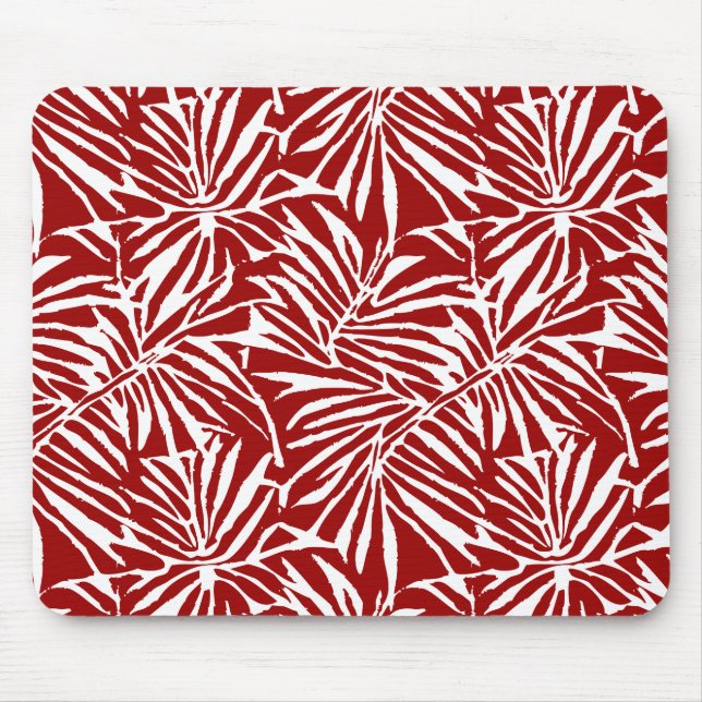 White And Red Tropical Leaf Repeating Pattern Mouse Pad (Front)