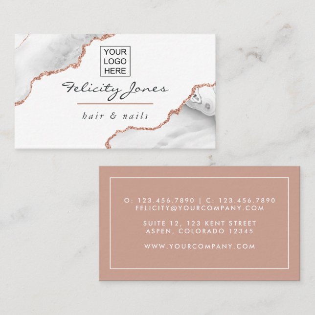 White and Rose Gold Agate Add Logo Business Card (Front/Back)