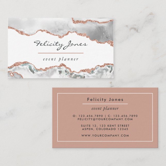 White and Rose Gold Agate Business Card (Front/Back)