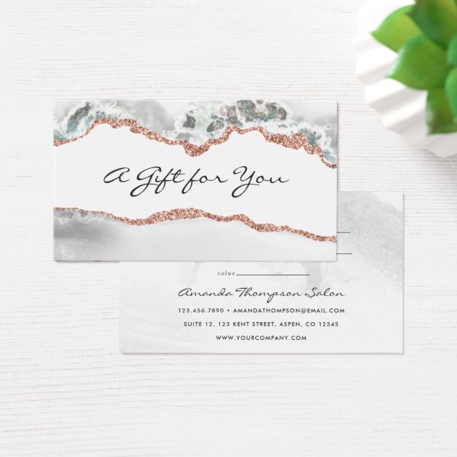 White and Rose Gold Agate Business Gift Card (Desk)