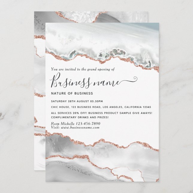 White and Rose Gold Agate Grand Opening Invitation (Front/Back)