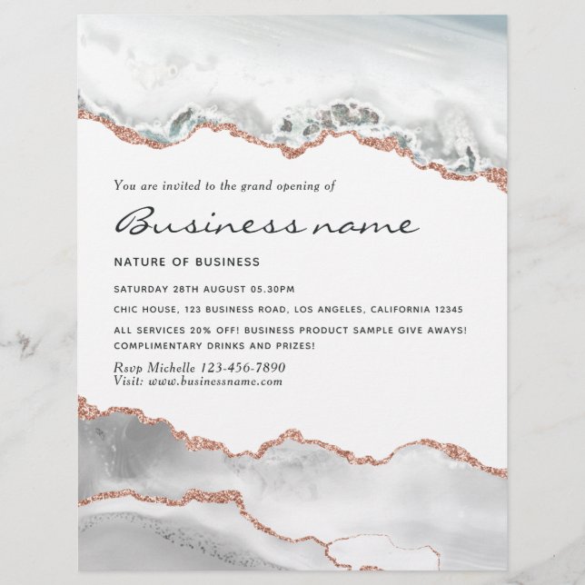 White and Rose Gold Agate Grand Opening Invitation Flyer (Front)