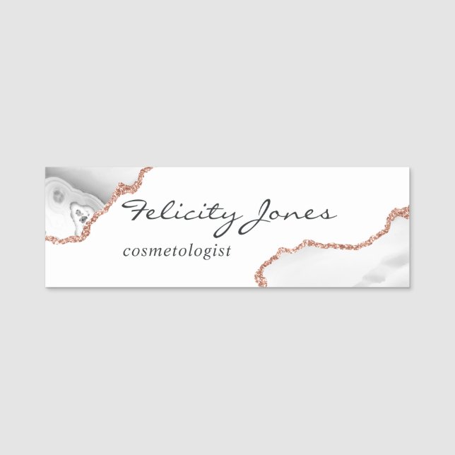White and Rose Gold Agate Name Tag (Front)