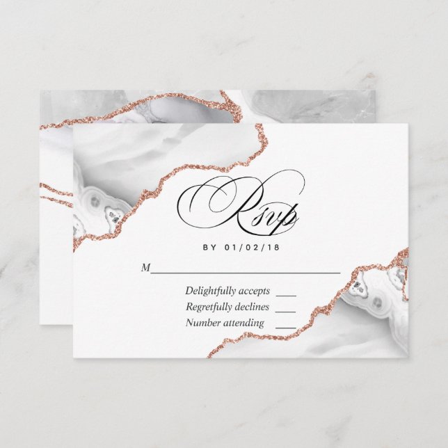 White and Rose Gold Agate Wedding RSVP Card (Front/Back)