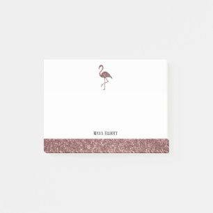White and Rose Gold Faux Glitter Flamingo & Border Post-it Notes
