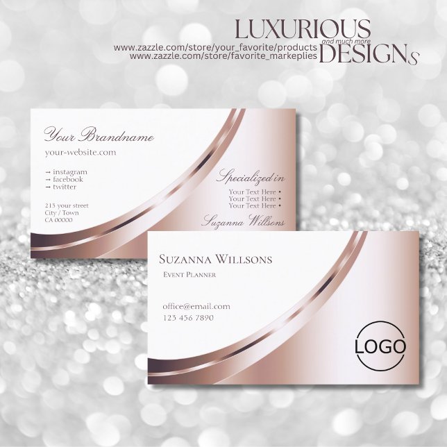 White and Rose Gold Glam Decor with Logo Luxurious Business Card (Creator Uploaded)