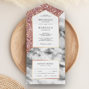 White and Rose Gold Glitter Grey Marble Wedding All In One Invitation