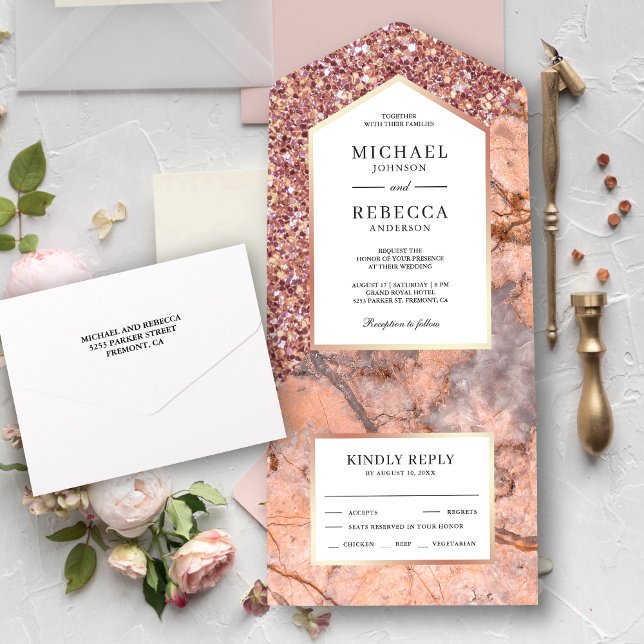 White and Rose Gold Glitter Pink Marble Wedding All In One Invitation (Creator Uploaded)
