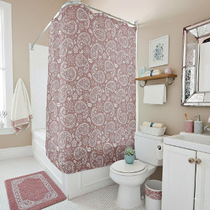 White and rose gold paisley shower curtain