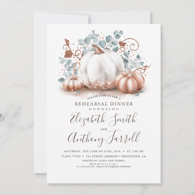 White and Rose Gold Pumpkins Fall Rehearsal Dinner Invitation (Front)