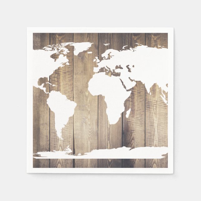 White and Rustic Wood World Map Napkin (Front)