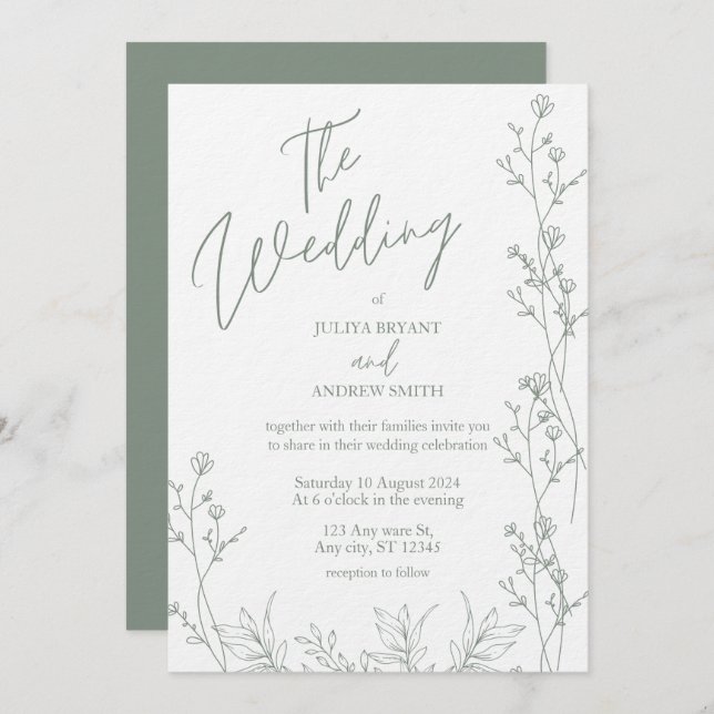 White and saga green thick wedding Invitation (Front/Back)