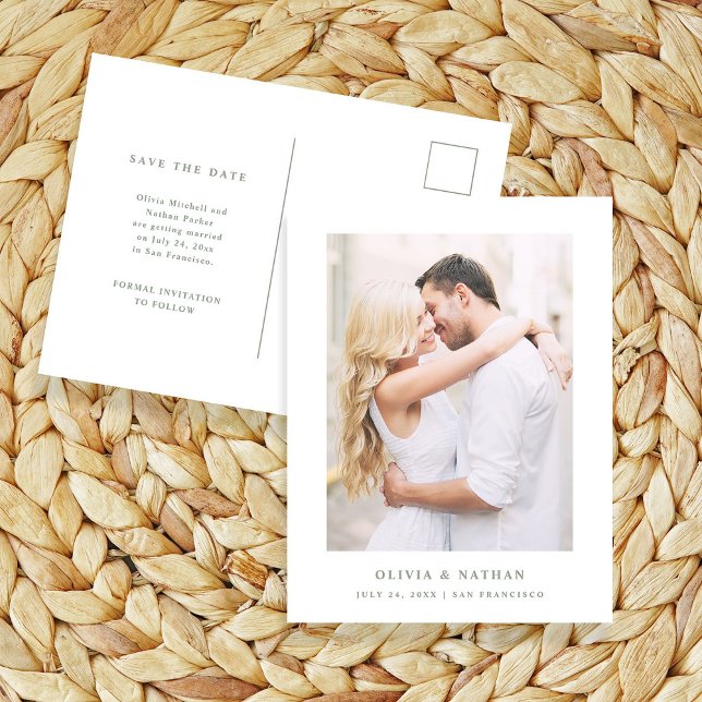 White and Sage | Elegant Photo Save the Date Announcement Postcard (Creator Uploaded)