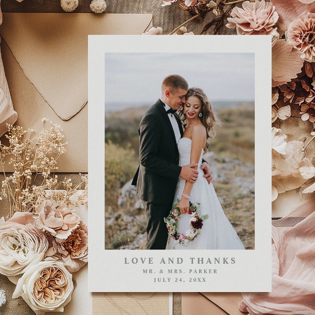 White and Sage Elegant Text and Photo | Wedding Thank You Card (Creator Uploaded)
