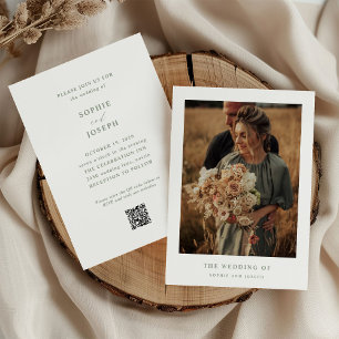 White and Sage Elegant Text Photo QR Code Wedding Invitation