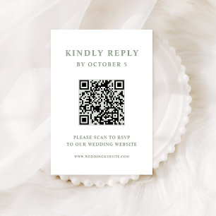White and Sage Green Elegant Text Wedding QR Code RSVP Card