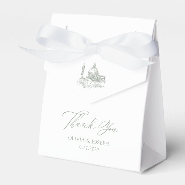 White and Sage Green | Illustrated Italian Wedding Favour Box (Front Side)