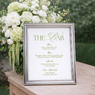 White and Sage Green Wedding Bar Menu Poster