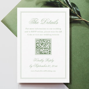 White and Sage Green Wedding Details Qr Code Enclosure Card
