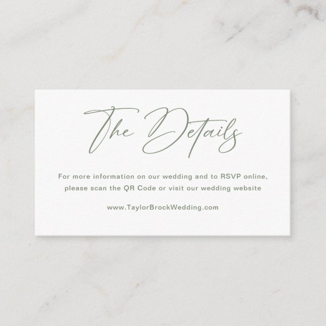 White and Sage Green Wedding Details Qr Code Enclosure Card (Front)