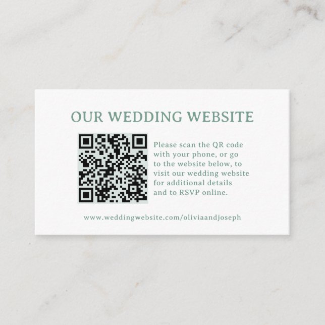 White and Sage Green | Wedding Website QR Code Enclosure Card (Front)