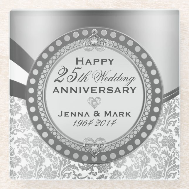 White And Silver 25th Wedding Anniversary Glass Coaster (Front)