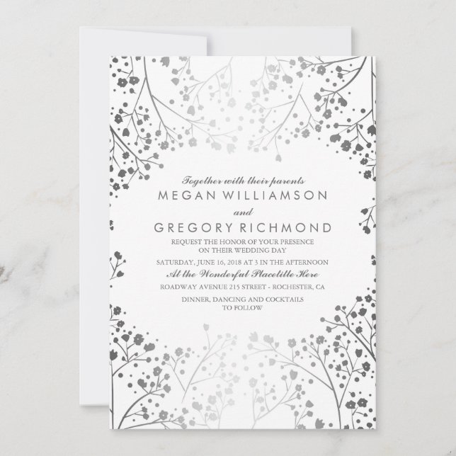 White and Silver Baby's Breath Wedding Invitation (Front)