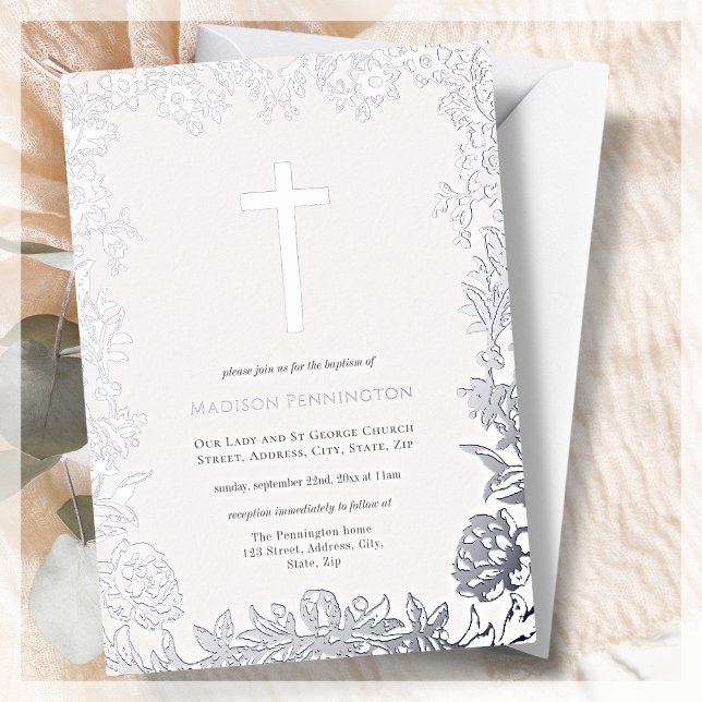 White and Silver Cross Baptism Foil Invitation (Creator Uploaded)