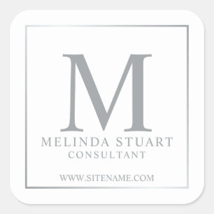 White and Silver Elegant Monogram Business Square Sticker