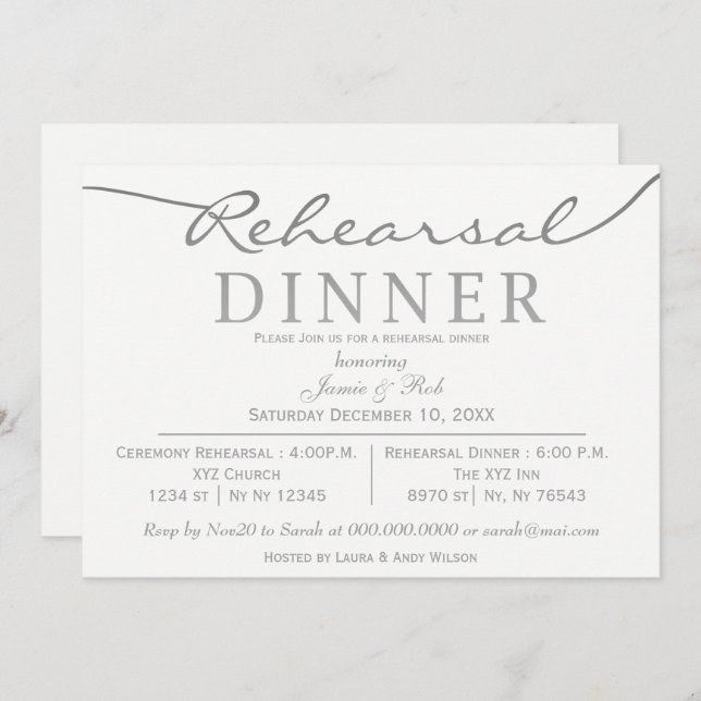 white and silver Elegant Script Rehearsal Dinner Invitation (Front/Back)