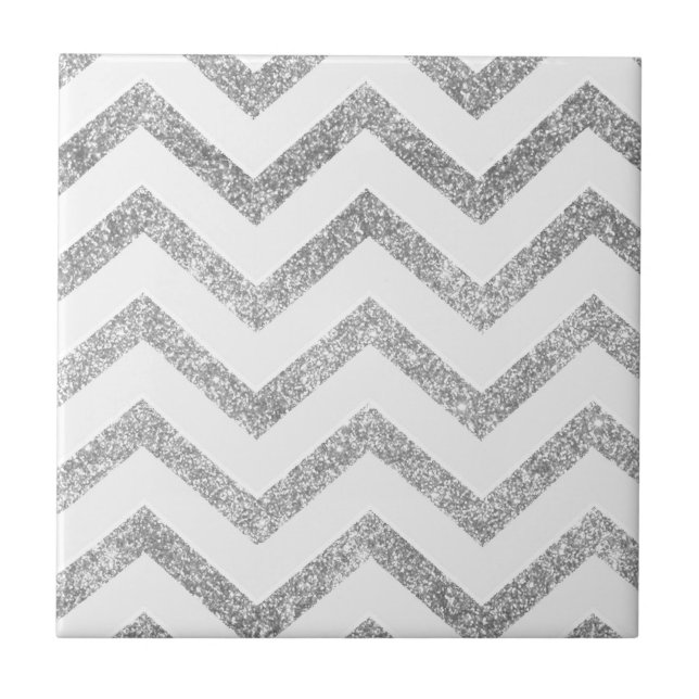 White and silver faux glitter chevron pattern. tile (Front)