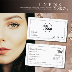 White and Silver Frame Modern with Diamonds & Logo Business Card
