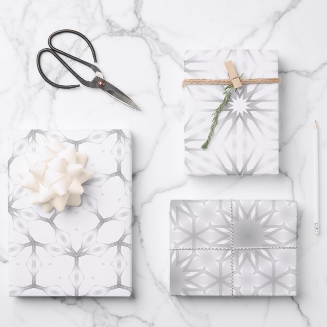 White and Silver Geometric pattern Wrapping Paper Sheet (Front)