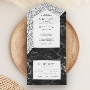 White and Silver Glitter Black Marble Wedding All In One Invitation