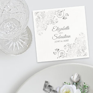 White and Silver Grey Frills Elegant Wedding Napkin