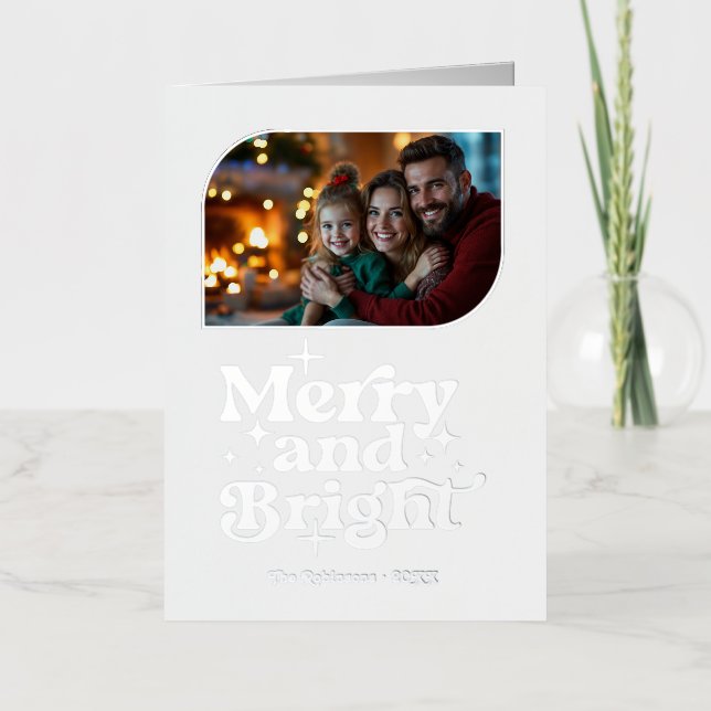 White and Silver Merry and Bright Photo Christmas Foil Holiday Card (Front)