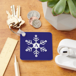 White and Silver Snowflake Christmas Initial Blue Key Ring