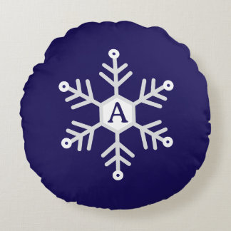 White and Silver Snowflake Christmas Initial Blue Round Cushion