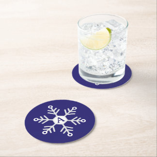White and Silver Snowflake Christmas Initial Blue Round Paper Coaster