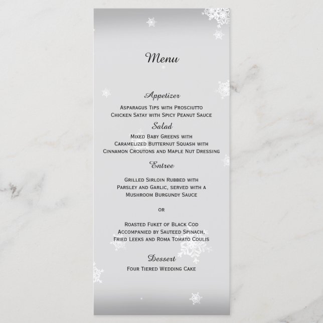 White and Silver Snowflake Wedding Menu (Front)